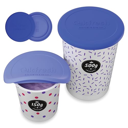 Qikfresh Mehrweg Silikondeckel - 2er Set - Wiederverwendbare Joghurtdeckel für 150-500 g Joghurtbecher - Luftdicht, auslaufsicher & flexibel - Frischhaltedeckel aus Silikon (Blau)