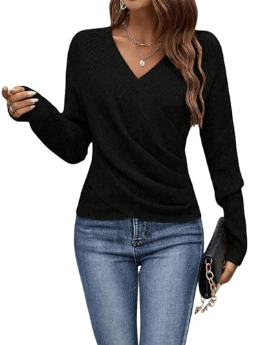 Image of SOLY HUX Women's V Neck Long Sleeve Off Shoulder Sweaters Criss Cross Wrap Ruched Pullover Fall Tops