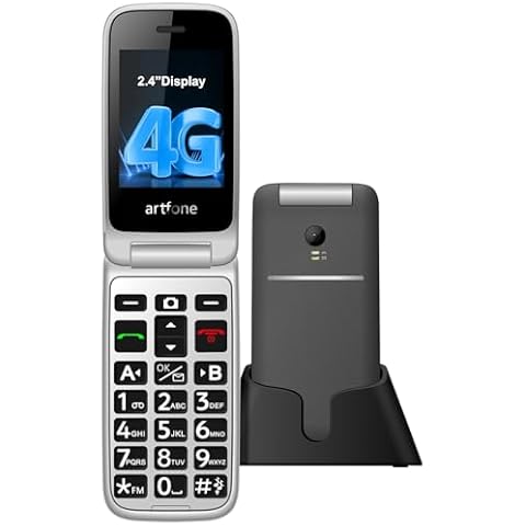 artfone 4G Flip Phones for Seniors, Unlocked Flip Phone with Talking Numbers, 2.4" HD Display, Time Reporting, Clear Sound, SOS Button, 1300mAh Battery, Charging Dock, Large Font, Speed Dial, Grey Cover