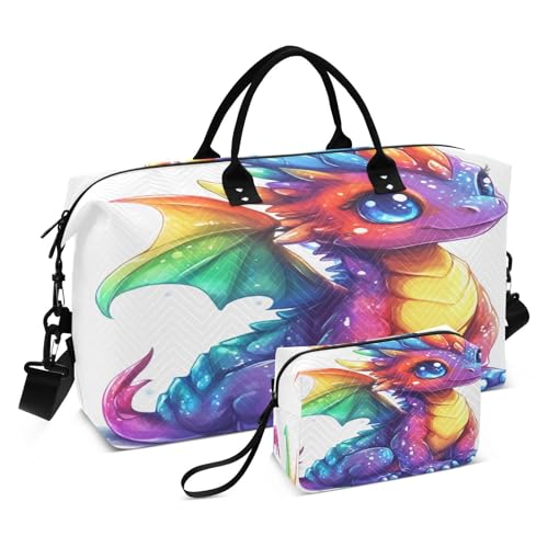 Travel Duffle Bag Weekender Bags Overnight Bag with Toiletry Bag Gym Duffel Bag Orange Purple Yellow Cute Drangon for Travel Business Trips Sport