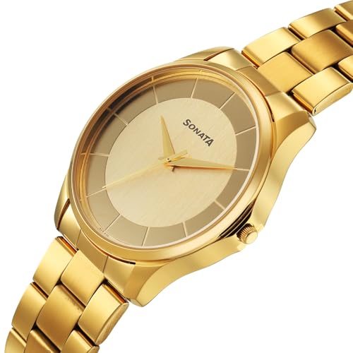 Image of Sonata Traditional Essentials Quartz Champ Gold Round Dial Men's Watch | Analog Watch | Watches for Men Analog - 77163YM02W