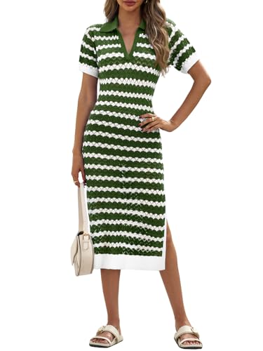 Saodimallsu Womens Striped Summer Dresses V Neck Collared Short Sleeve Loose Knit Slit Midi Sweater Dress3