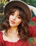 Lotfon Wavy Curly Bob Wig with Bangs Short Bob Wigs for Women Synthetic Heat Resistant Bob Wigs （Large Earrings+Makeup Sponge+Wig Cap）(light brown)