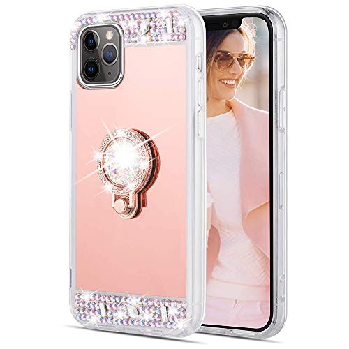 Caka Ring Case for iPhone 11 Pro Max Mirror Glitter Case with Ring Holder Kickstand Diamond Bling Rhinestone Crystal Girls Women Protective Case for iPhone 11 Pro Max (6.5 inch)(Rose Gold)
