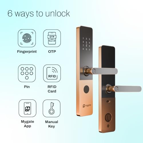 Image of Mygate Smart Door Lock Plus (2026 Model) with 6-Way Unlock | Fingerprint, PIN, Mobile App, RFID Card, Manual Keys | Remote Unlocking via OTP | for Main Wooden Doors |3-Year Warranty by Mygate (Copper)
