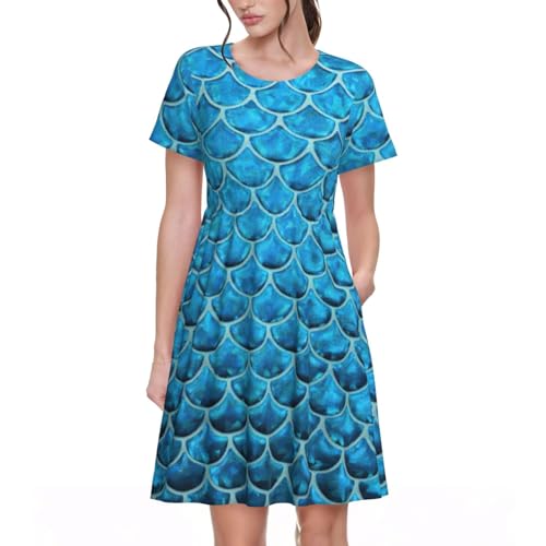 Robe d'été avec poches et col rond en maille légère imprimé écailles bleu pour femme
