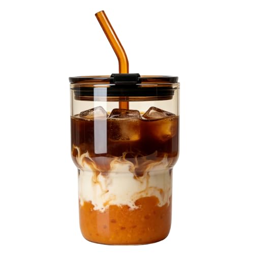Luxfuel 16 oz Glass Tumbler with Lid & Straw, Reusable Iced Coffee Cup & Smoothie Cup, Leak-Proof Borosilicate Glass for Coffee, Iced Tea, Water – 1 Pack, Ideal for Office, Home & Travel, Am