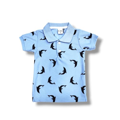 Buy Kids Dolphin Print Polo T-Shirt, Light Blue, Short Sleeve