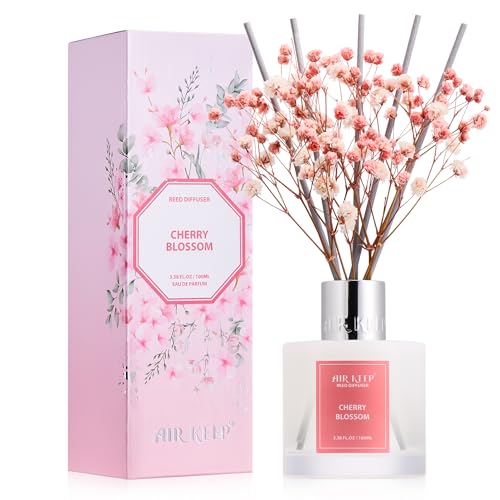 Image of Airkeep Reed Diffuser Set, 3.38 fl oz (100 ml) - Cherry Blossom Oil Diffusers with 8 Reed Sticks, Home Fragrance Reed Diffuser for Bathroom Shelf Decor