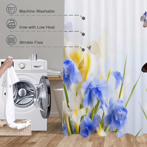 Rideau de douche iris papillon en tissu polyester lavable avec 12 crochets - 8