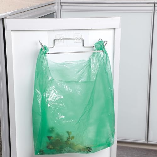 Image of Stainless Steel Trash Bag Holder for Kitchen Cabinets Doors and Cupboards, Under Sink Bag Hanger, Portable Trash can, Waste Bins, Wall Adhesive Hanging Garbage Bins, with Wall Sticker Base