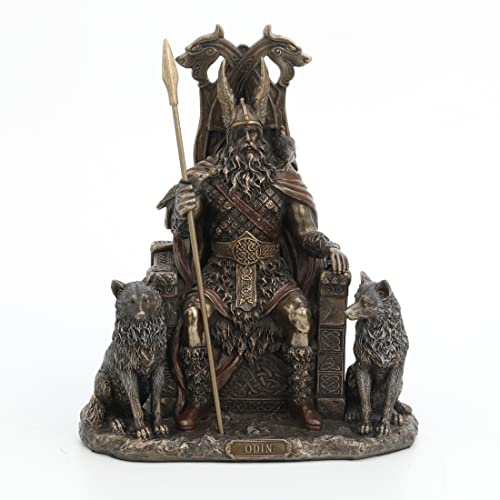Veronese Design 8 5/8 Inch Odin Sitting On Throne with Wolves Resin Sculpture Bronze Finish Viking Decor Statue