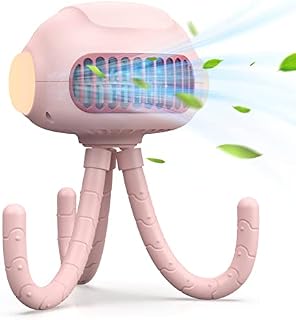 mogiu Mini Handheld Stroller Fan, 4000mAh Personal Portable Fan with Flexible Tripod and Adjustable 4 Speeds,LED Light, Battery Operated USB Fan for Stroller Office Bedroom, Outdoor (Pink)