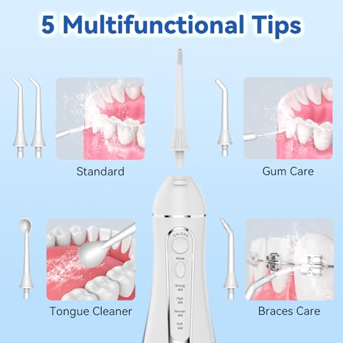 Image of Cordless Portable Water Flosser with 300ML Tank: Rechargeable Oral Irrigator with 5 Tips for Travel, Braces Care and Sensitive Gums, IPX7 Waterproof Teeth Cleaning Device(White)