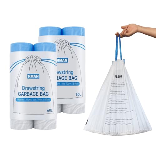 RMAN® 60 Piezas Bolsas Basura, 60-70L (70 * 80cm) Extra Resistentes Bolsas de Basura Resistente Antigoteo Grandes con Asas de Cierre para Hogar, Oficina, Jardín, 4 Rollos