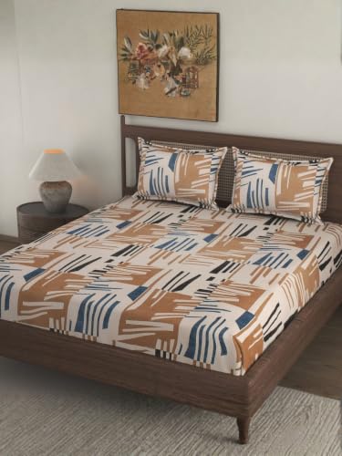 Image of Florida Brown Abstract Geometric Printed Double Bedsheet with 2 Pillow Covers, 150 TC Polycotton Bed Sheet (228 x 245 cm)