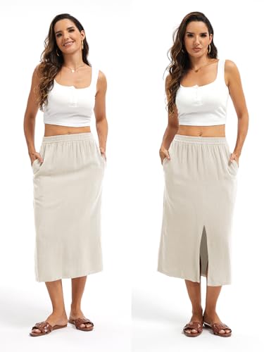 Women's Linen Blend Midi Skirt Reversible Front-Back Slit Design with Side Pockets3