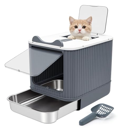 Geschlossenes Katzentoilette, Katzenklo Edelstahl mit Deckel, Katzenklo Matte und Katzenklo Schaufel, Metal Cat Litter Box für Katzen bis 5.4 kg
