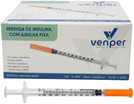 Caixa Seringa Insulina 1 mL com Agulha Fixa Ultra Fina 30G 8mm x 0,30 mm - Venper, 100 unidades, Zero Resíduo