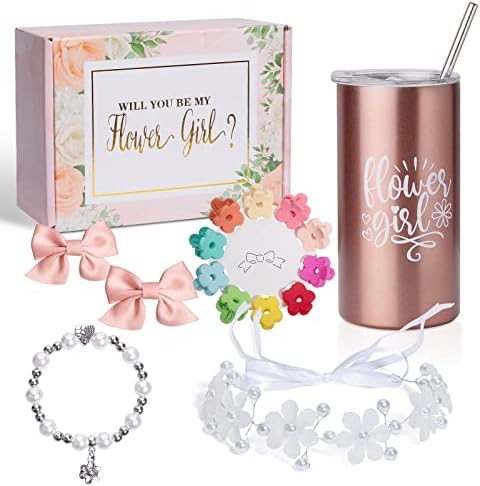 pengtai Flower Girl Proposal,Flower Girl Gift From Bride,Will You Be My Flower Girl Gifts,Flower Girl Headpieces For Wedding,Flower Girl Hair Accessory Tumbler Pearl Bracelet Proposal Gift Set Box