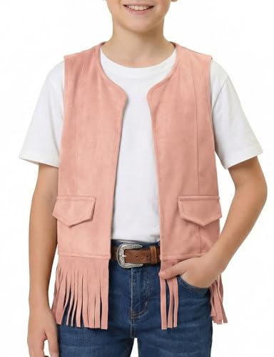 Image of Spring&Gege Boys Western Faux Suede Fringe Vest Sleeveless Cowboy Tassel Waistcoat Vintage Jacket Cardigan 5-14 Years