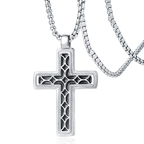 Yami Cross Necklace For Men, Titanium Steel Necklace For Men With Cross Pendant, Easter Prayer Necklace, Mens Cross Necklace Faith Gift 24 Inches Chain (Silver) #TOP19