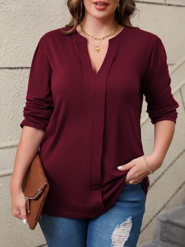 Women's Plus Size Tops V Neck Pleated Front Shirts Trendy Casual Business Tunic Long Sleeves Fall Blouse2