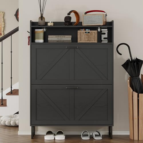Image of BORNOON Shoe Cabinet with 2 Flip Drawers Narrow Shoe Storage Cabinet Organizer Wooden Freestanding Rack Hidden Slim Storage for Entryway, Hallway, Living Room, Bedroom