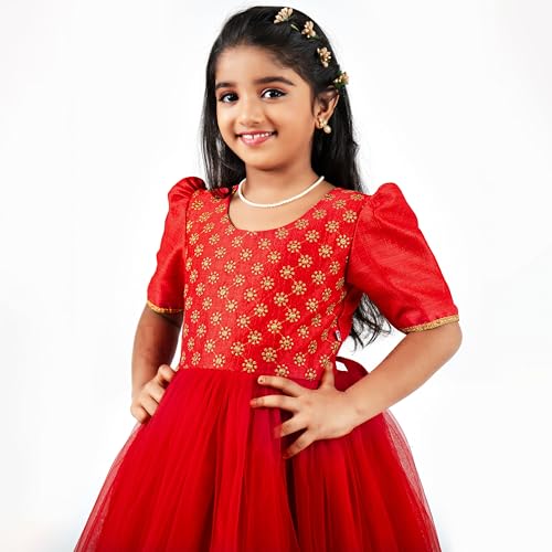 Image of Stanwells Kids Dress for Girls Embroiderd Full Length Frock for Baby Girls Flower Gown Ruffle Pattern Back Zipper Beautiful Sleeveless Birthday Dress for Girls Coral (1-9 Years)