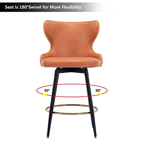 Setawix Swivel Counter Height Bar Stools Set Of 2 Pu Upholstered Counter Stools 25" Curved Wingback Kitchen Island Stool Dining Chairs With Nailhead Trim (Orange) #TOP4