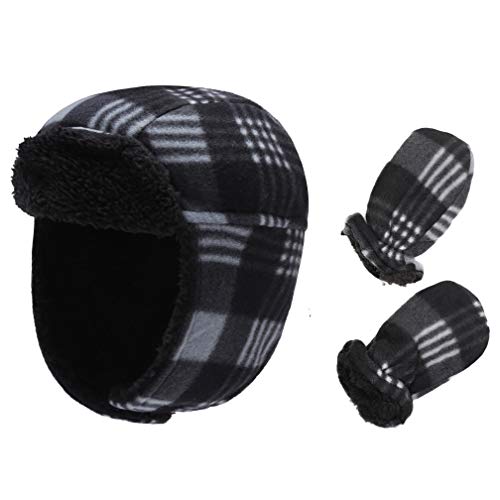 ACTLATI Kids Fleece Hat Winter Mitten Set Toddler Warm Earflap Caps Kids Soft Fleece Line Beanie Set for Boys Girls (L for 2-4 Years, Blue Plaid)