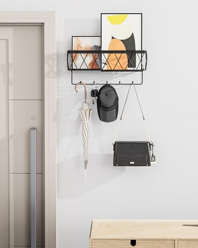 Image of Key Holder Wall Mount Adhesive- Key and Mail Holder for Wall with 5 Hooks, Wall Mounted Mail Organizer and Key Rack, Modern Basket Key Hanger for Entryway, Home, Living Room Wall Decor, Black