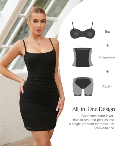 Image of Popilush Dress with Built in Shapewear Spaghetti Strap Mini Dresses Mesh Ruched Bodycon Summer Splash