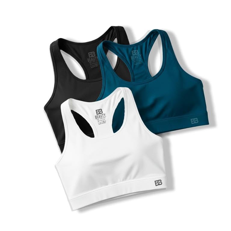Image of BOLD & BEAUTY Women Cotton Blend Sports Bra with U-Neck, Racerback Style and Regular Straps for Workout, Yoga & Training (Pack of 3)