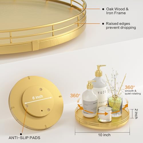 Image of 10 inch Gold Lazy Susan for Table Top, Oak Wood Lazy Susan Turntable Organizer for Dining Coffee Table Centerpiece Bar Decor Kitchen Countertop Bathroom Vanity Decorative Tray for Perfume Jewelry Round