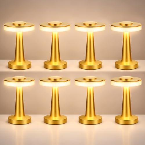 Image of Riakrum 8 Pcs LED Cordless Table Lamp Bulk Rechargeable,Gold | Portable Wireless Lamps, 3 Color Stepless Dimming, 15 Hour Battery, Touch Control, Wedding Home Restaurant Decor