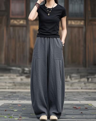 IXIMO Women's Linen Wide Leg Pants Casual Elastic Waist Loose Lantern Trousers Front Pockets3