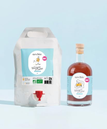 Archie, Pack Vinaigre de Cidre Biologique & sa recharge - Non filtré, non pasteurisé, avec la mère de vinaigre. Made in France, Normandie. Rituel à boire. Bouteille 500 ml + recharge 1L.