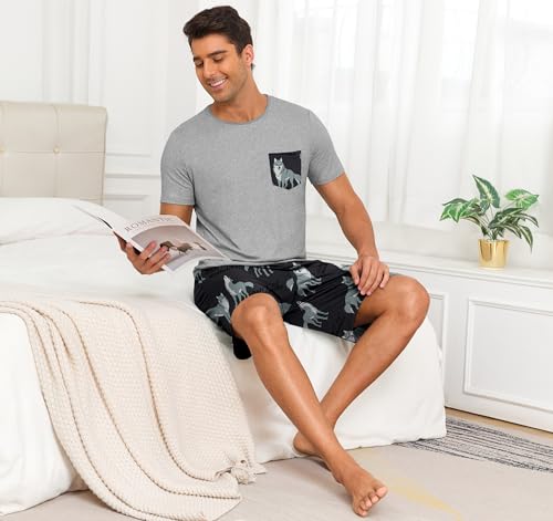 Image of PrinStory Mens Summer Pajamas Set Lightweight Pjs Sets Short Sleeve Pajama Shorts Set Soft Sleepwear Loungewear with Pockets