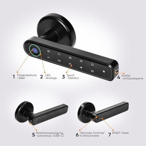 Miratic Türgriff Mit Fingerprint Elektrisches Türschloss mit Touch-Tastatur und SMART-Funktion Elektronisches Türschloss USB-C-Notstrom Bluetooth 5.0 Schwarz