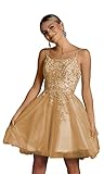 Mouccy Cute Spaghetti Straps Gold Homecoming Dresses for Teens Lace Puffy Cocktail Dresses Mini Short Prom Dresses Petite Size 4
