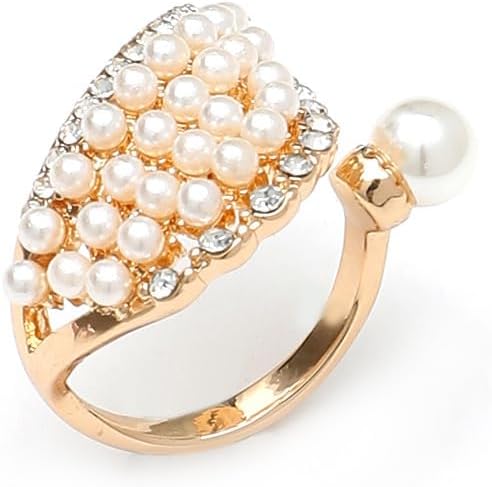 Gold Pearl Ring for Women Vintage Chunky Pearl Cluster Ring Adjustable Pearl Crystal Ring Trendy Diamond Pearl Wings Ring Statement Ring Joint Ring Elegant Clothing Jewelry for Her