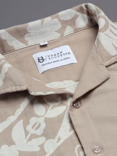 Image of Urban Scottish Men's Shirt Regular Fit Cotton Linen Jacquard, Half Sleeve Button Down Collared,Soft Breathable Fabric, Stylish Everyday Wear Casual Shirt for Men and Boys - Beige