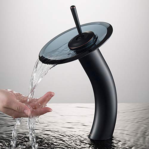 Kraus KGW-1700-PU-10ORB-BLCL Single Lever Vessel Glass Waterfall Bathroom Faucet Oil Rubbed Bronze with Black Clear Glass Disk and Pop Up Drain