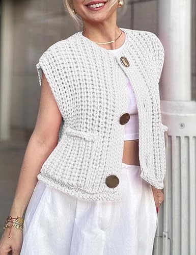 Women's Chunky Knit Vest Button Down Casual Sleeveless Cropped Crochet Sweater Cardigan with Pockets3