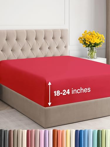 Extra Deep Twin Fitted Sheet - Hotel Luxury Single Fitted Sheet Only - Easily Fits 18 inch to 24 inch Mattress - Ultra Soft, Wrinkle Free with Extra Deep Pockets - Easy-Care, Breathable & Comfy - Red