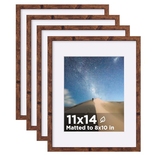 KINLINK 11x14 Picture Frame Set of 4, Wooden 14x11 Photo Frames with Plexiglass for 8x10 Picture with Mat or 11x14 Without Mat, Collage Wall Gallery and Tabletop Display, 11 x 14 Frame Rustic Brown