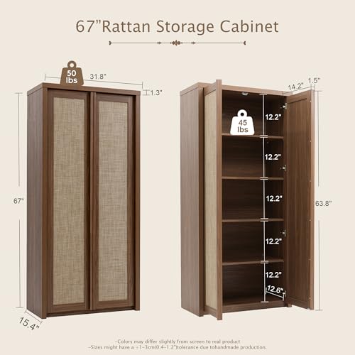 Image of Yechen 67 inch Tall Kitchen Pantry Cabinet,Rattan Storage Cabinet with Solid Wood Integrated Handle​and Adjustable Shelves, Cupboard with Doors for Livingroom, Dining Room, Dark Walnut (2 Piece)