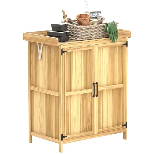 Outsunny Armoire de Jardin en Bois, abri de Jardin, 2 Portes, Toit à charnières et étagère, Dessus en Acier Inoxydable, Table de rempotage, Table de...