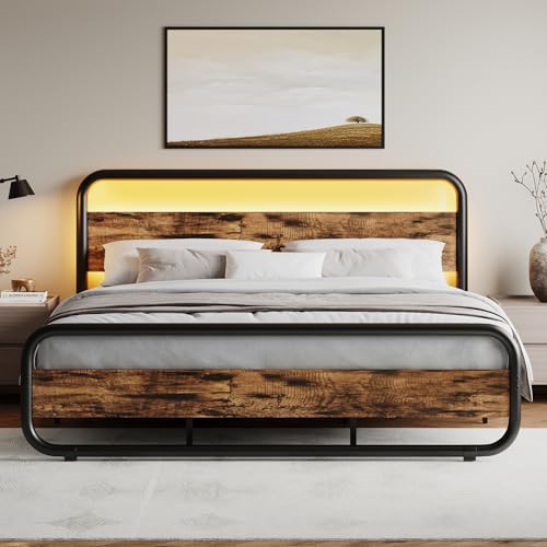 Image of King Size Bed Frame, Wood Headboard and Footboard, LED Lights, Rustic Brown